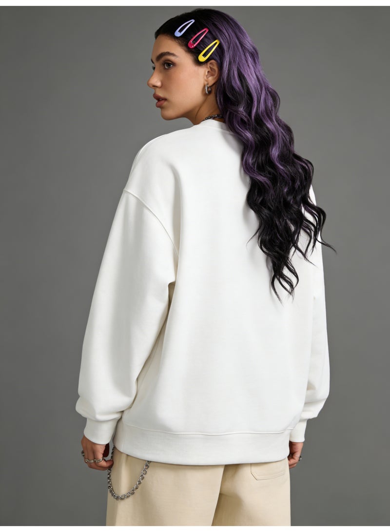 ليرين Off-White "Headphone & Music Note" Doodle Oversized Crew Neck Sweatshirt | Unisex Pullover With "Call me" Slogan - Image 2